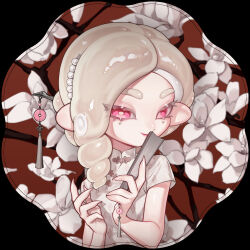  1girl beads black_border blonde_hair border china_dress chinese_clothes closed_mouth colored_eyelashes dress fingernails floral_background folded_fan folding_fan hair_beads hair_ornament hair_stick hand_fan highres holding holding_fan looking_at_viewer medium_hair narrowed_eyes nezumi_(tuboshu2013) octoling octoling_girl octoling_player_character pink_eyes sharp_fingernails short_sleeves smile solo splatoon_(series) tentacle_hair thick_eyebrows white_dress 