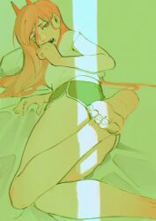  1girl arm_support bare_legs barefoot chainsaw_man commentary crack_of_light crying crying_with_eyes_open demon_girl demon_horns dolphin_shorts hair_between_eyes hand_up horns leg_up long_hair long_hair_between_eyes looking_at_viewer looking_back lying on_bed on_side penguin_jun pink_hair power_(chainsaw_man) red_horns sharp_teeth shirt shorts solo t-shirt tears teeth white_shirt 