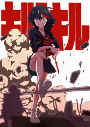 1girl absurdres black_hair blue_eyes commentary_request explosion explosion_background gloves highres honnoji_academy_school_uniform kill_la_kill matoi_ryuuko multicolored_hair red_streaks revealing_clothes ryuukin school_uniform scissor_blade scissor_blade_(kill_la_kill) senketsu shoes short_hair smile solo streaked_hair suspenders translation_request two-tone_hair white_shoes