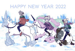  2022 3boys :o backpack bag beanie bede_(pokemon) black_pants blue_eyes blue_jacket blue_pants boots breath brown_boots brown_hair brown_shoes closed_eyes closed_mouth coat commentary_request dark-skinned_male dark_skin dubwool english_text footprints galarian_rapidash glastrier gloves green_bag green_scarf grey_gloves grey_hat happy_new_year hat highres holding holding_reins hop_(pokemon) horns horse ice jacket kumo_mnt long_sleeves looking_back male_focus multiple_boys new_year open_mouth outdoors pants pokemon pokemon_(creature) pokemon_swsh purple_coat purple_hair purple_hat purple_scarf red_sweater reins riding riding_pokemon scarf shoes single_horn smile snow snowing sweater teeth tree unicorn victor_(pokemon) white_hair white_hat winter_clothes 
