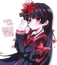  1girl armband black_hair black_shirt black_skirt bug butterfly closed_mouth collared_shirt commentary_request cowboy_shot crown dated flower hair_flower hair_ornament hands_up happy_birthday highres long_hair long_sleeves mahou_shoujo_no_majo_saiban namacha_(chiii_cha12) necktie nikaido_hiro red_armband red_butterfly red_eyes red_flower red_necktie shirt simple_background skirt smile solo white_background 