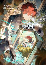  1boy amagi_hiiro ambivalence_(ensemble_stars!) bird black_gloves blue_eyes book character_name clenched_teeth closed_mouth dove earrings ensemble_stars! flower gloves hair_between_eyes happy_birthday hashtag-only_commentary highres holding holding_sword holding_weapon jewelry lake lily_(flower) long_sleeves looking_at_viewer male_focus official_alternate_costume open_book parted_lips red_hair reku216 short_hair smile solo swan sword teeth weapon white_flower white_lily white_lily_(ensemble_stars!) 