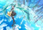  bad_id cloud clouds detached_sleeves green_eyes green_hair hatsune_miku headphones long_hair microphone musical_note necktie reflection skirt sky solo thigh-highs thighhighs twintails vip_quality vocaloid water wings yuuno_(yukioka) zettai_ryouiki 