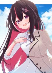  1girl azki_(4th_costume)_(hololive) azki_(hololive) blue_sky brown_jacket clouds colored_inner_hair commentary_request dress highres hololive jacket long_hair looking_at_viewer multicolored_hair official_alternate_costume open_mouth pink_hair pink_streaks sky smile solo teeth upper_teeth_only violet_eyes virtual_youtuber white_dress white_streaks yokuto 