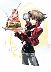  1boy 1other 99ki5 black_shirt brown_hair cake commentary_request cowboy_shot duel_academy_uniform_(yu-gi-oh!_gx) food grey_pants happy_birthday holding holding_tray jacket medium_hair mini_person pants red_jacket shirt tray white_background yellow_eyes yu-gi-oh! yu-gi-oh!_gx yubel yuki_judai 