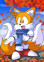  1boy adjusting_scarf animal_ears artist_name autumn autumn_leaves black_eyes blue_scarf blue_sky body_fur commentary_request dated falling_leaves fox_boy fox_ears fox_tail fringe_trim full_body furry furry_male gloves hand_up highres judy_totoya leaf male_focus multiple_tails official_artist_extra open_mouth outdoors red_shoes scarf shoes sky smile solo sonic_(series) sonic_the_hedgehog_(classic) standing tail tails_(sonic) tree two_tails white_gloves yellow_fur 