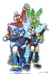  1girl 5boys armor black_armor black_eyes black_helmet blue_armor blue_eyes blue_helmet blue_robe copy_x_(mega_man) corrupted_twitter_file cyber_elf_x_(mega_man) dated facial_mark fairy_leviathan_(mega_man) fighting_fefnir_(mega_man) forehead_jewel full_body green_armor green_helmet group_picture group_pose helmet hidden_phantom_(mega_man) highres horns mega_man_(series) mega_man_zero_(series) mr_cairox multiple_boys red_armor red_eyes red_helmet red_scarf robe sage_harpuia_(mega_man) scarf simple_background twitter_username white_background x_(mega_man) 