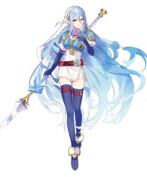  1girl armor azura_(fire_emblem) azura_(lady_of_the_sky)_(fire_emblem) blue_boots blue_gloves blue_hair blush boots breastplate breasts dress elbow_gloves fingerless_gloves fire_emblem fire_emblem_fates fire_emblem_heroes full_body gloves hair_between_eyes highres holding holding_polearm holding_weapon lance long_hair looking_at_viewer non-web_source official_alternate_costume official_art open_mouth polearm saine short_sleeves shoulder_armor simple_background smile solo tachi-e thigh_boots thigh_strap veil very_long_hair weapon white_background white_dress yellow_eyes 