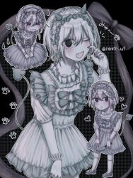  1boy @_@ black_background black_eyes bow closed_mouth commentary crossdressing crossdressing_(mtf) demon_tail dress fake_horns fake_tail fang frilled_dress frills grey_bow grey_dress grey_hair hair_between_eyes hairband hand_up heart horn_hairband horns looking_at_viewer male_focus multiple_views nmnr_ut open_mouth original short_hair short_sleeves skin_fang smile symbol-only_commentary tail tearing_up 