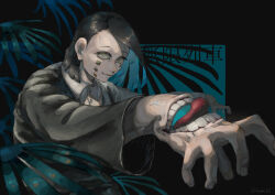  1boy absurdres alternate_hair_color asymmetrical_bangs banke black_border black_hair black_jacket border buttons claw_pose colored_inner_hair commentary copyright_name demon_boy enmu_(kimetsu_no_yaiba) facial_mark foreshortening from_side green_eyes highres jacket kimetsu_no_yaiba long_sleeves looking_at_viewer male_focus medium_hair misplaced_mouth multicolored_hair outstretched_arms parted_lips plant plant_request sanpaku smile solo suit_jacket symbol-shaped_pupils tears_facial_mark teeth tongue tongue_out trap twitter_username undershirt upper_body 