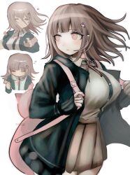  1girl animal_bag breasts brown_hair brown_skirt cat_bag collared_shirt danganronpa_(series) danganronpa_2:_goodbye_despair flipped_hair hair_ornament highres ikemen'na_ore-shi jacket long_sleeves medium_hair multiple_views nanami_chiaki neck_ribbon open_clothes open_jacket pink_bag pink_eyes pink_ribbon pleated_skirt ribbon shirt skirt thigh-highs two-tone_shirt white_shirt 