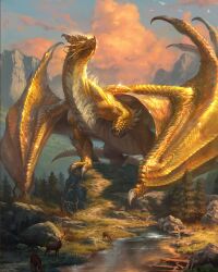 amputee animal claws clouds cloudy_sky deer dragon dragon_horns dragon_tail dragon_wings eragon fantasy glaedr_(eragon) gold_scales grey_sky highres horns joshua_raphael mountain nature no_humans outdoors river scales second-party_source sharp_teeth sky spiked_tail tail teeth tree wings yellow_scales 