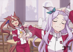  >_< 3girls absurdres ahoge animal_ears aqua_bow blush bow brown_hair closed_eyes closed_mouth commentary_request ear_bow ear_ribbon food food_theft fork glutton grey_hair hair_between_eyes hand_on_own_head high_ponytail highres holding holding_food holding_fork horse_ears horse_girl horse_tail jacket jtleeklm jujutsu_kaisen long_hair long_sleeves mejiro_mcqueen_(umamusume) multicolored_hair multiple_girls oguri_cap_(umamusume) open_mouth pants ponytail purple_hair red_jacket red_pants red_track_suit rice scene_reference streaked_hair tail tokai_teio_(umamusume) tracen_training_uniform track_jacket track_pants track_suit two-tone_hair umamusume white_hair 