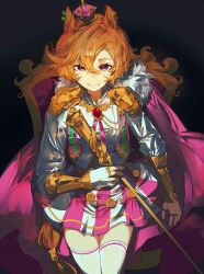  1girl absurdres animal_ears armor breasts cane cape crown ear_ribbon fingerless_gloves gloves gold_corset hair_between_eyes hashtag-only_commentary highres holding holding_cane horse_ears horse_girl horse_tail jewelry john_uma long_sleeves looking_at_viewer mini_crown multiple_rings open_mouth orange_hair orange_tail pink_cape pink_crown ring shirt short_hair shoulder_armor single_fingerless_glove sitting sitting_on_throne skirt smile solo t.m._opera_o_(o_sole_suo!)_(umamusume) t.m._opera_o_(umamusume) tail thigh-highs throne two-tone_skirt umamusume violet_eyes white_gloves white_shirt white_thighhighs zettai_ryouiki 
