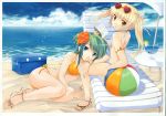  ball beach bikini blonde_hair book bracelet brown_eyes drink feet flower green_eyes green_hair hair_flower hair_ornament highres jewelry multiple_girls ocean sand sandals sea side-tie_bikini sunglasses swimsuit tomozo_kaoru twintails water yellow_eyes 