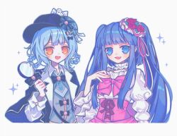 2girls :d blue_eyes blue_hair bow bowtie braid braided_hair_rings capelet corset crossover furudo_erika hair_rings hat juliet_sleeves lapels long_hair long_sleeves looking_at_viewer magnifying_glass mahou_shoujo_no_majo_saiban multiple_girls necktie oharalove11 pink_corset puffy_sleeves simple_background smile tachibana_sherry trait_connection umineko_no_naku_koro_ni upper_body white_background yellow_eyes 