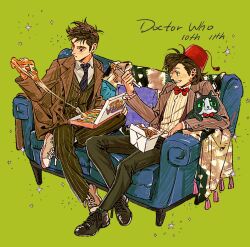  2boys black_pantyhose black_shoes bow bowtie brown_hair brown_jacket character_name cheese cheese_trail closed_mouth collared_shirt commentary copyright_name couch crossed_legs doctor_who eleventh_doctor_(doctor_who) fez_hat food green_background grin gymnopedies2 hat hat_tassel holding holding_food holding_pizza jacket male_focus medium_hair multiple_boys necktie oyster_pail pants pantyhose pinstripe_jacket pinstripe_pants pinstripe_pattern pinstripe_shirt pinstripe_vest pizza pizza_box pizza_slice red_bow red_bowtie red_hair shirt shoes short_hair sitting smile sneakers striped_clothes striped_necktie stuffed_animal stuffed_cat stuffed_toy suit_jacket swept_bangs teeth tenth_doctor_(doctor_who) the_doctor_(doctor_who) vest waistcoat white_shirt 
