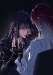  2girls 5fb5321f00000000010058b4 absurdres black_gloves black_hair dark from_behind gloves gradient_hair hand_on_another's_face highres holding_hands looking_at_another multicolored_hair multiple_girls path_to_nowhere purple_hair rahu_(path_to_nowhere) scar scar_across_eye scar_on_face shalom_(path_to_nowhere) white_hair yuri 