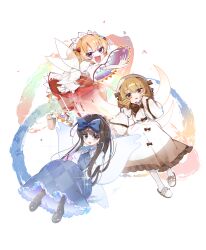  3girls absurdres black_boots blonde_hair blue_bow blue_dress boots bow brown_boots brown_eyes brown_hair commentary_request dress full_body hair_bow headdress highres long_hair looking_at_viewer luna_child multiple_girls open_mouth orange_hair red_dress sia_6767 simple_background slippers star_sapphire sunny_milk touhou triangle_mouth two_side_up violet_eyes white_background white_dress wings 