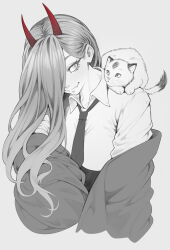  1girl animal_on_shoulder cat chainsaw_man cheshirrr cropped_legs cross-shaped_pupils demon_horns dress_shirt eye_contact fangs fangs_out greyscale hair_over_one_eye highres horns jacket jacket_partially_removed long_hair looking_at_another loose_necktie meowy_(chainsaw_man) monochrome necktie one_eye_covered open_collar power_(chainsaw_man) shirt shirt_tucked_in sideways_glance simple_background smile spot_color symbol-shaped_pupils very_long_hair 