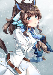  1girl absurdres ahoge animal_ears belt black_gloves black_shirt blue_eyes blue_necktie breath brown_belt brown_hair brown_tail colored_inner_animal_ears commentary_request daring_tact_(umamusume) gloves highres horse_ears horse_girl horse_tail jacket long_hair long_sleeves looking_up necktie open_clothes open_jacket open_mouth shirt skirt snowing solo tail umamusume white_jacket white_skirt yoru_usagi 