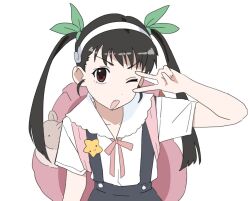  1girl arm_at_side backpack bag black_hair child doppelschwert dot_nose fang green_ribbon grey_skirt hachikuji_mayoi hair_ribbon hairband hand_up light_blush long_hair looking_at_viewer monogatari_(series) one_eye_closed open_mouth pink_bag pink_ribbon red_eyes ribbon shirt short_sleeves simple_background skirt solo straight_hair suspender_skirt suspenders twintails upper_body v v-shaped_eyebrows v_over_eye white_background white_hairband white_shirt 