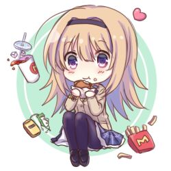  1girl black_hairband black_pantyhose blazer blonde_hair blush brown_jacket burger chaos;head chibi commentary_request eating food gero-froggy hairband highres holding holding_burger holding_food jacket long_hair miniskirt nishijou_myu nishijou_nanami pantyhose petticoat school_uniform science_adventure sitting skirt soda solo suimei_academy_school_uniform violet_eyes 