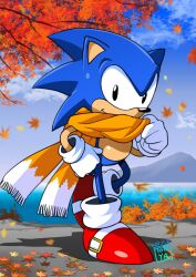  1boy adjusting_scarf artist_name autumn autumn_leaves black_eyes blue_sky closed_mouth commentary_request dated falling_leaves fringe_trim full_body furry furry_male gloves hand_on_own_hip hand_up heel_up highres judy_totoya lake leaf male_focus mountainous_horizon official_artist_extra outdoors red_shoes scarf shoes sky smile solo sonic_(series) sonic_the_hedgehog sonic_the_hedgehog_(classic) standing tree white_gloves yellow_scarf 