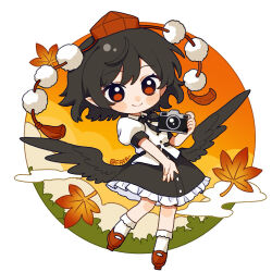  1girl artist_name autumn_leaves bird_wings black_bow black_bowtie black_hair black_skirt black_wings blush bow bowtie chinese_commentary closed_mouth collared_shirt commentary_request fafa frilled_skirt frills full_body geta hat highres leaf maple_leaf medium_hair pointy_ears pom_pom_(clothes) puffy_short_sleeves puffy_sleeves red_eyes red_hat red_shoes shameimaru_aya shirt shoes short_sleeves skirt smile socks solo tengu-geta tokin_hat touhou white_shirt white_socks wings 