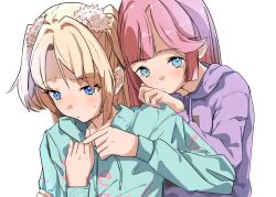  2girls anyoji_hime anyoji_hime_(winter_loungewear) blonde_hair blue_eyes blue_hoodie blunt_sidelocks blush clothes_writing commentary_request curtained_hair flower frown hair_flower hair_ornament hand_on_another's_arm hand_on_another's_shoulder holding holding_jewelry holding_ring hood hoodie jewelry link!_like!_love_live! llb long_hair long_sleeves love_live! mira-cra_park! multiple_girls osawa_rurino osawa_rurino_(winter_loungewear) parted_bangs pink_flower pink_hair purple_hoodie ring sidelocks sweatdrop twintails upper_body virtual_youtuber 