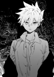  1boy blue_oak collared_shirt commentary_request crew_neck dot_nose greyscale hair_between_eyes highres jacket jacket_partially_removed jewelry looking_at_viewer male_focus monochrome necklace parted_lips pendant pk_rgr96 pokemon pokemon_hgss shirt short_hair solo spiky_hair t-shirt unbuttoned unbuttoned_shirt upper_body 