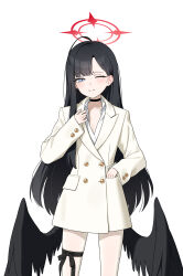  1girl absurdres alternate_costume b1026 black_choker black_hair black_wings blue_archive blush choker closed_mouth coat cowboy_shot feathered_wings halo hand_in_pocket hand_up highres ichika_(blue_archive) leg_ribbon long_hair long_sleeves low_wings one_eye_closed partially_unbuttoned red_halo ribbon shirt simple_background smile solo split_mouth thigh_ribbon thigh_strap unbuttoned unbuttoned_shirt unusually_open_eyes white_background white_coat white_shirt wings 