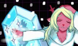  1boy 1girl animal_ears antlers berdly_(dark_world)_(deltarune) berdly_(deltarune) blonde_hair closed_eyes deer deer_antlers deer_ears deer_girl deltarune freckles furry hand_on_own_head horns meme naoya_hitting_choso_without_looking_(meme) noelle_holiday noelle_holiday_(dark_world) snowgrave_(spell) sweat thorn_ring_(deltarune) utdr_(toby_fox) weird_route_(deltarune) zzinddacom 