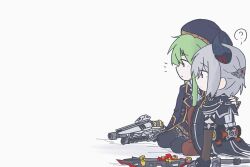  2girls ? arm_at_side ascot assault_lily belt beret black_belt black_capelet black_gloves black_hat black_horns black_jacket black_skirt black_thighhighs blue_eyes brown_pantyhose capelet closed_mouth commentary_request demon_horns elbow_gloves full_body gloves green_hair grey_background grey_hair hair_between_eyes hair_ornament hand_on_another's_back hand_up hat highres holding holding_sword holding_weapon horns jacket kasa_(kasa_mayulove) long_hair long_sleeves looking_ahead miniskirt multiple_girls murakami_tokiwa notice_lines on_one_knee open_clothes open_jacket pantyhose profile sekino_youko short_hair short_sleeves side-by-side simple_background sitting skirt speech_bubble spoken_question_mark sword thigh-highs violet_eyes waist_cape weapon white_ascot yokozuwari 