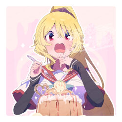 1girl blonde_hair blush border bow bowtie cake commentary_request dot_nose food fork green_bow green_bowtie hair_between_eyes holding holding_fork layered_sleeves long_hair long_sleeves magia_record:_mahou_shoujo_madoka_magica_gaiden mahou_shoujo_madoka_magica open_mouth outline outside_border pink_background ponytail red_eyes red_sailor_collar sailor_collar school_uniform serafuku serizawa_serizane shirt short_over_long_sleeves short_sleeves solo togame_momoko upper_body watermark white_border white_outline white_shirt 
