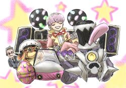  2boys black_necktie cane closed_eyes closed_mouth collared_shirt commentary_request dachsbun eyelashes facial_hair glasses gloves grey_gloves grey_hair grey_jacket harrington_(pokemon) helmet highres holding holding_cane jacket kicdon long_sleeves male_focus mature_male multiple_boys mustache neck_ribbon necktie one-eyed open_clothes open_jacket open_mouth ortega_(pokemon) pink_hair pink_jacket pokemon pokemon_sv red_ribbon revavroom ribbon riding riding_pokemon shirt short_hair sidecar smile speaker star-shaped_eyewear star_(symbol) sunglasses team_star tongue tongue_out white_helmet white_shirt yellow-framed_eyewear 