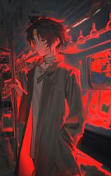  1boy alternate_costume asaba_harumasa bandaged_neck bandages black_hair brown_coat closed_mouth coat collarbone gauze gauze_over_eye hand_in_pocket hashtag-only_commentary headband highres male_focus moyu0211 one_eye_covered parted_bangs red_eyes red_theme shirt short_hair solo standing train_interior twitter_username white_shirt yellow_headband zenless_zone_zero 