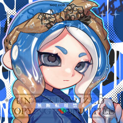  1girl blue_eyes blue_hair blue_outline blue_shirt bow bow_hairband brown_bow brown_hair brown_hairband can closed_mouth colored_extremities drink_can expressionless fingernails hair_bow hairband highres holding holding_can looking_at_viewer medium_hair multicolored_hair nezumi_(tuboshu2013) octoling octoling_girl octoling_player_character outline parted_bangs portrait sample_watermark sharp_fingernails shirt solo splatoon_(series) tentacle_hair watermark 