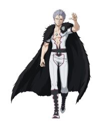  1boy absurdres black_cape black_clover black_clover_m:_rise_of_the_wizard_king bodysuit cape chest_jewel forehead_jewel full_body fur_cape gem green_gem grey_hair highres incredibly_absurdres looking_at_viewer mars_(black_clover) non-web_source official_art pink_hair short_hair short_sleeves simple_background solo spiky_hair transparent_background white_bodysuit 