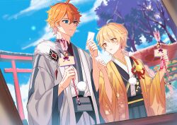  2boys absurdres aether_(genshin_impact) blonde_hair blue_eyes braid closed_mouth earrings genshin_impact highres holding holding_paper inkka japanese_clothes jewelry kimono long_sleeves looking_at_object male_focus multiple_boys open_mouth orange_hair paifang paper single_braid single_earring tartaglia_(genshin_impact) tree yellow_eyes 