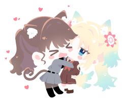  >_< 2girls :d animal_ear_fluff animal_ears black_boots black_pantyhose black_sweater blonde_hair blue_eyes blue_hair blush boots brown_dress brown_hair cat_ears cat_girl cat_tail chibi chibi_only commentary curtained_hair dog_ears dog_girl dog_tail dress flower fujishima_megumi fujishima_megumi_(post-graduation) grey_jacket grey_skirt grey_suit hair_flower hair_ornament hasu_no_sora_school_uniform heart heart_tail highres hug jacket jitome knee_boots link!_like!_love_live! long_hair long_sleeves love_live! medium_dress miniskirt mira-cra_park! multiple_girls neckerchief no_lineart no_mouth open_clothes open_jacket open_mouth osawa_rurino pantyhose parted_bangs pink_flower pleated_dress pleated_skirt ponytail red_neckerchief sailor_collar sailor_dress school_uniform sidelocks skirt skirt_suit smile socks suit suit_jacket sweater tail tail_wagging twintails very_long_hair virtual_youtuber watage_modoki white_sailor_collar white_socks winter_uniform xd 