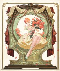  1girl arm_ribbon bare_shoulders blunt_bangs blush border bouquet bow braid braided_bun breasts center-flap_bangs chinese_commentary choker clip_studio_paint_(copyright) clip_studio_paint_(medium) collarbone commentary_request curtains double-parted_bangs dress dress_bow english_text falling_petals flower full_body green_bow green_eyes green_ribbon hair_bun half-closed_eyes high-low_skirt highres holding holding_bouquet lace-trimmed_dress lace_trim leg_ribbon legs_together nownow off-shoulder_dress off_shoulder official_art open_mouth orange_hair original ornate_border petals plaque puffy_short_sleeves puffy_sleeves red_flower red_petals red_ribbon red_rope red_rose ribbon rope rose rose_petals shoes short_sleeves sitting sitting_on_object small_breasts smile solo tassel white_ribbon white_shoes yellow_choker yellow_dress yellow_ribbon 