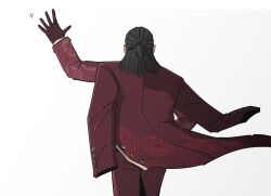  1boy black_hair coat coat_on_shoulders commentary_request from_behind gloves highres jacket korean_commentary lei_heng_(project_moon) limbus_company male_focus medium_hair pants print_coat project_moon red_coat red_gloves red_jacket red_pants solo user_dtzy7353 walking_away waving white_background 