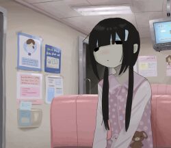  1girl animal_print bear_print black_eyes black_hair buttons ceiling crt dress highres indoors long_sleeves low_twintails mikami6_6 original polka_dot polka_dot_dress purple_dress rabbit_print sick sitting solo television twintails waiting_room 