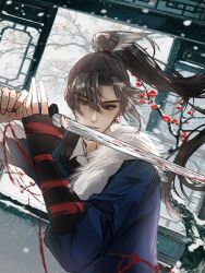  1boy absurdres black_eyes black_hair black_robe blood blood_on_weapon chaoji_xiao_yao cheng_heguang chinese_commentary commentary_request flower hands_up highres holding holding_sword holding_weapon lattice long_hair looking_at_viewer male_focus plum_blossoms ponytail red_flower reverse:1999 robe snow snowing solo sword tree upper_body weapon window 
