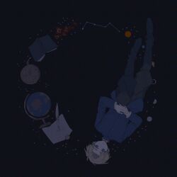  1boy absurdres black_background black_pants blonde_hair blue_eyes blue_jacket book chi.:_chikyuu_no_undou_ni_tsuite full_body globe highres jacket kxdgpnqgoe44409 lying male_focus on_back open_book pants paper planet potocki quill rafal_(chi.) short_hair simple_background 