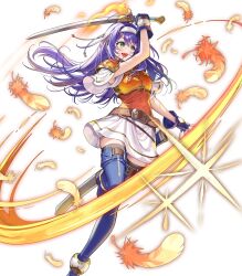  1girl ahoge armor attack belt black_thighhighs blue_boots blue_gloves blue_hair blush boots breastplate breasts brown_belt commentary english_commentary feathers fighting_stance fingerless_gloves fire fire_emblem fire_emblem:_path_of_radiance fire_emblem:_radiant_dawn fire_emblem_heroes full_body gloves green_eyes hairband headband highres holding holding_sword holding_weapon long_hair looking_at_viewer mia_(fire_emblem) mia_(zenith_challenger)_(fire_emblem) non-web_source official_alternate_costume official_art okuma_mai open_mouth orange_shirt purple_hair scabbard sheath shirt short_sleeves shoulder_armor simple_background skirt smile solo sparkle sword thigh-highs thigh_boots thighs third-party_source weapon white_background white_hairband white_headband white_shirt white_skirt 