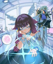  1boy 1girl ascot big_itachi black_gloves black_hair blue_ascot blue_hair bow clipboard closed_eyes closed_mouth coat columbina_(genshin_impact) commentary dottore_(genshin_impact) dress elbow_rest english_commentary eye_mask fisheye genshin_impact gloves gradient_hair hair_intakes hair_ribbon head_rest head_wings highres holding holding_clipboard holding_pen indoors laboratory long_hair mask multicolored_hair parted_lips pen purple_hair ribbon speech_bubble spoken_squiggle squiggle white_bow white_coat white_dress white_ribbon white_wings wings 