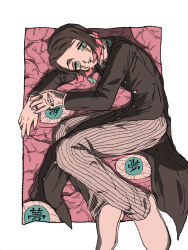  1boy :d aqua_eyes asymmetrical_bangs black_hair black_jacket border buttons coattails colored_tips commentary_request demon_boy dual_persona enmu_(kimetsu_no_yaiba) facial_mark fangs finger_tattoo flesh full_body grey_pants grin highres jacket kanji_tattoo kimetsu_no_yaiba long_sleeves looking_at_viewer lying male_focus medium_hair monster multicolored_hair on_side outside_border own_hands_together pants pinstripe_pants pinstripe_pattern purple_nails shoes smile solo_focus suit_jacket symbol-shaped_pupils tailcoat tattoo tears_facial_mark teeth too_many_eyes trap tsubame_(lo_1101) undershirt upper_teeth_only variant_set veins veiny_eyes veiny_hands white_border white_shoes 