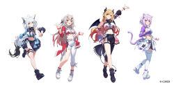  4girls :d animal_ears asymmetrical_clothes asymmetrical_sleeves black_pants black_shirt black_skirt boots cat_ears cat_girl cat_tail collared_shirt color-coded commentary_request company_name concert copyright_notice cropped_shirt demon_girl demon_horns demon_tail demon_wings detached_sleeves fox_ears fox_girl fox_tail full_body highres hololive hololive_idol_uniform_(color_rise) horns idol idol_clothes lace-up_boots long_hair looking_at_viewer midriff miniskirt mismatched_sleeves multicolored_shirt multiple_girls nakiri_ayame navel nekomata_okayu official_alternate_costume official_art oni pants platform_boots pointy_ears puffy_detached_sleeves puffy_short_sleeves puffy_sleeves r1zen shirakami_fubuki shirt short_hair short_sleeves simple_background single_detached_sleeve single_pantsleg single_sleeve skin-covered_horns skirt smile standing tail thigh-highs very_long_hair virtual_youtuber white_background white_shirt white_skirt white_thighhighs wings yuzuki_choco 